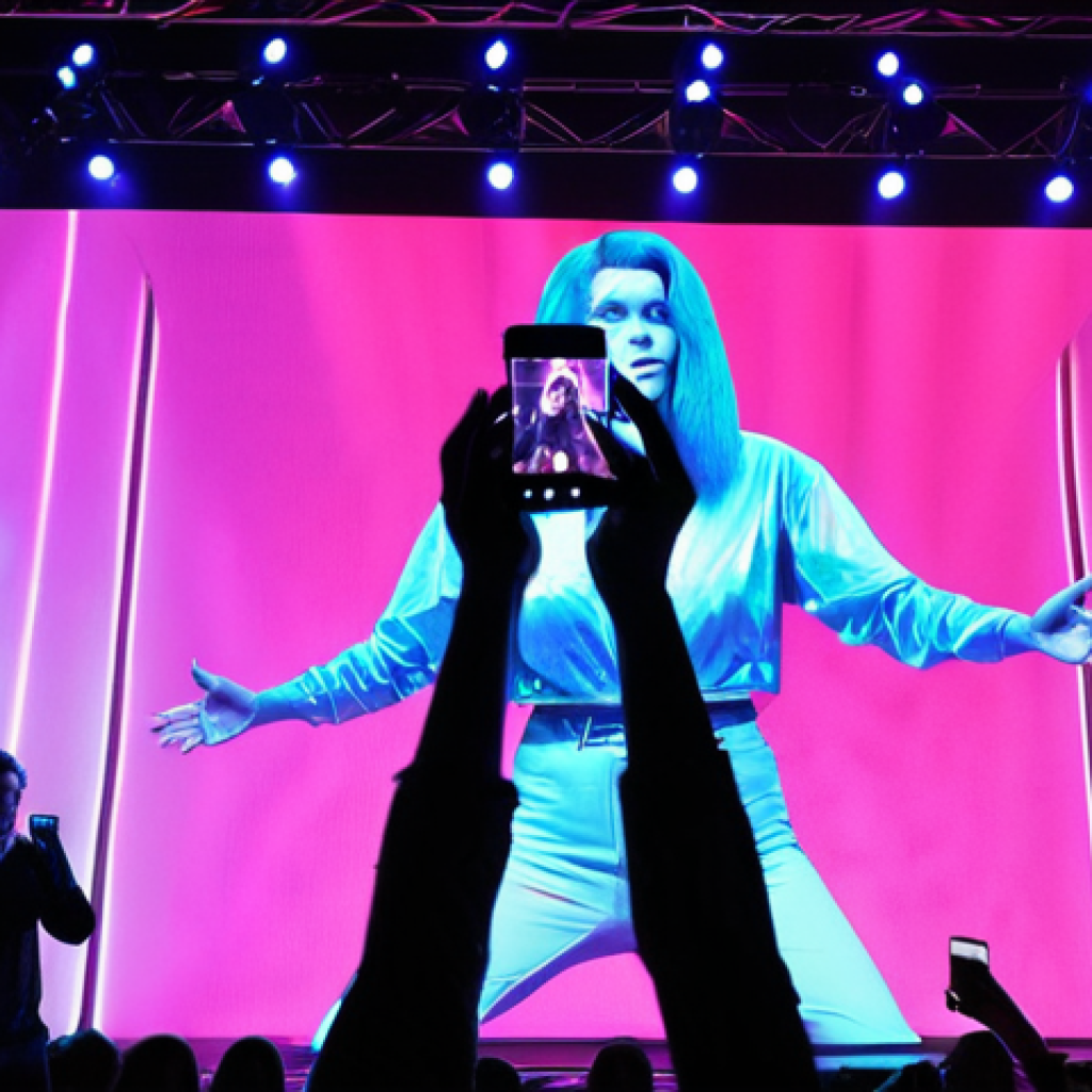 **

"A vibrant, futuristic hologram concert in Amsterdam. A deceased pop star, rendered as a realistic hologram, performs on stage. The audience is diverse and enthralled, holding up their phones to capture the moment. In the background, subtle branding for a Dutch telecom company is visible on the screens. The lighting is dramatic, with lasers and special effects creating a spectacular show. Capture the emotional connection between the audience and the holographic performer."

**