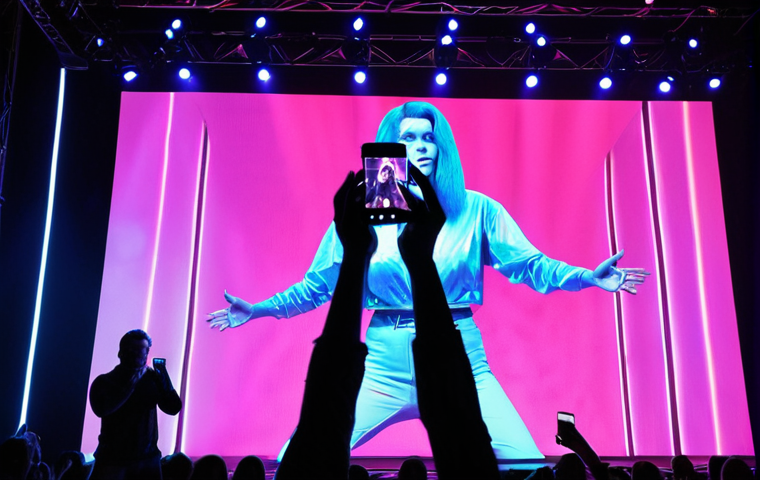 **

"A vibrant, futuristic hologram concert in Amsterdam. A deceased pop star, rendered as a realistic hologram, performs on stage. The audience is diverse and enthralled, holding up their phones to capture the moment. In the background, subtle branding for a Dutch telecom company is visible on the screens. The lighting is dramatic, with lasers and special effects creating a spectacular show. Capture the emotional connection between the audience and the holographic performer."

**